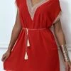 Robe Tunique Rouge Avec Broderie Et Ceinture Lacet Beige
