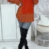 Robe Tunique Rouge Col Chemise Avec Joli Motif