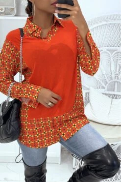 Robe Tunique Rouge Col Chemise Avec Joli Motif -Féminité Couture robe tunique rouge col chemise avec joli motif 3