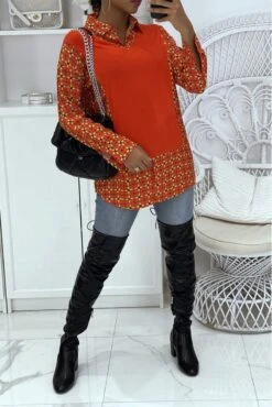 Robe Tunique Rouge Col Chemise Avec Joli Motif -Féminité Couture robe tunique rouge col chemise avec joli motif 4