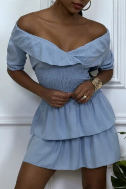 Robe Turquoise Croisé Au Buste Cintre Avec élastique à La Taille Et Volant -Féminité Couture robe turquoise croise au buste cintre avec elastique a la taille et volant 6