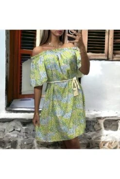 Sublime Robe Motif Fleuris Verte Col Bateau -Féminité Couture sublime robe motif fleuris verte col bateau 2