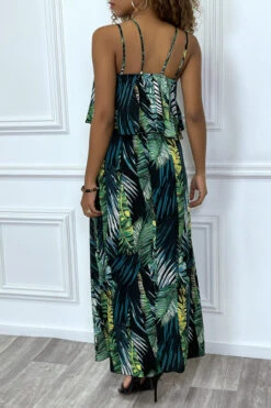Sublime Robe Noir Motif Feuille Verte Avec Bretelle Et Volant. Vêtement Mode Femme -Féminité Couture sublime robe noir motif feuille verte avec bretelle et volant vetement mode femme 6